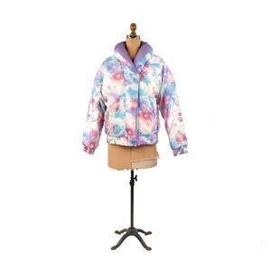 Womens Vintage 80s Memphis Style Print Puffer Shawl Collar Short Down Filled